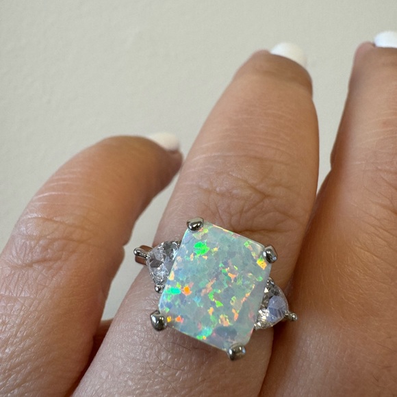 Opal Ring, Radiant Cut Lab Fire Opal Ring with Heart Stones, Sterling Silver - Picture 5 of 11
